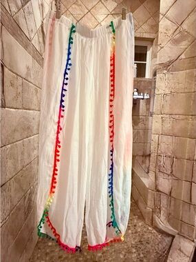 New White Boho Wide Leg Pants w/ Rainbow Pom Trim | Resort Vacation | XL